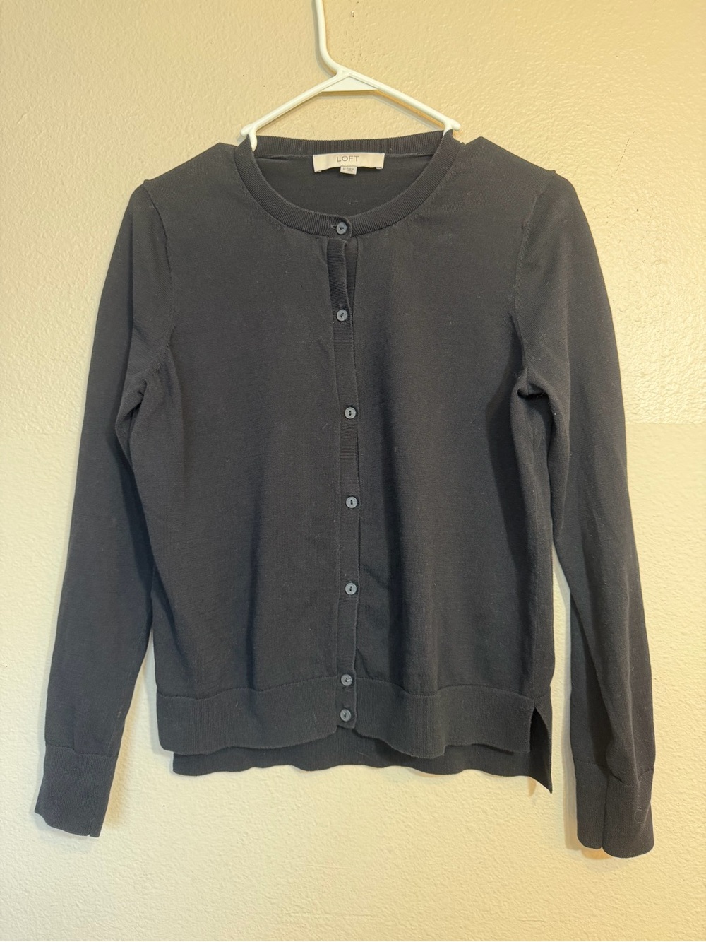 LOFT Black Crewneck Button-Front Cardigan